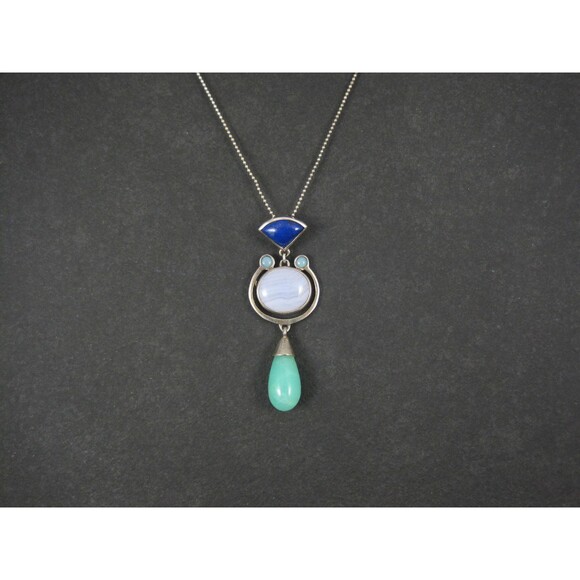 Sterling Lapis Lazuli Banded Agate Aventurine Opal Pendant - Picture 13 of 16